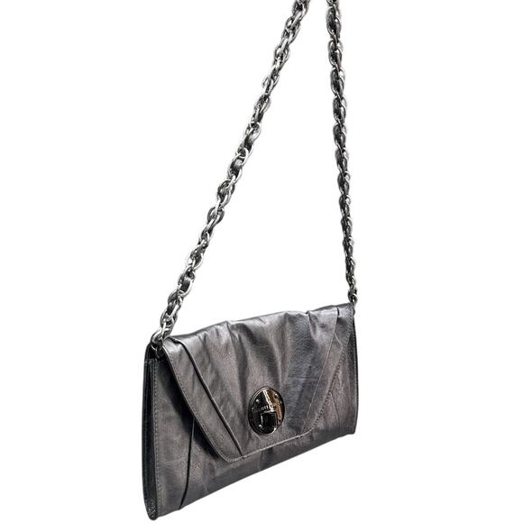 Elliott Lucca Metallic Silver Leather Turn-Lock Closure Clutch Shoulder Bag - Picture 3 of 11